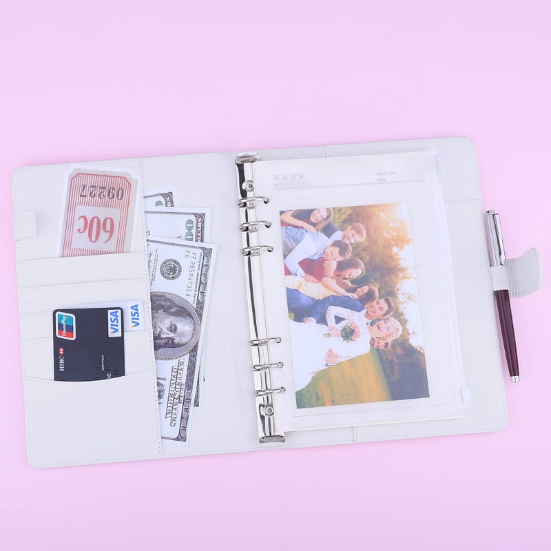 Antner A5 Notebook Photocard Binder 6 Ring Planner Binder for A5 Refill Paper  PU Leather Refillable A5 Budget Binder Loose Leaf Organizer Binder Cover with Magnetic Buckle for Budgeting  White - Image 2